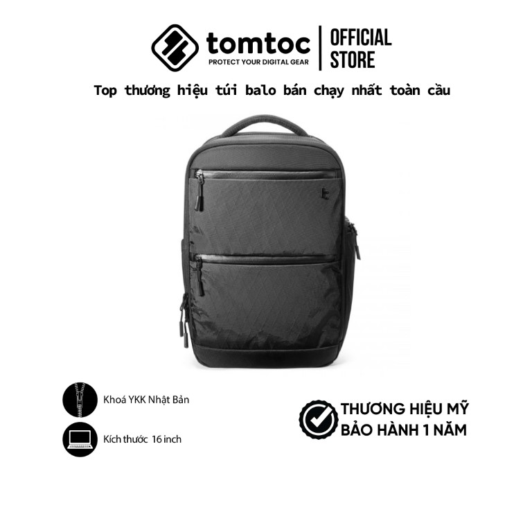 Balo Tomtoc X-pac Techpack Black cho Ultrabook 13/14/15/16 - Thiết kế chống sốc, chất liệu X-pac, Hàng chính hãng