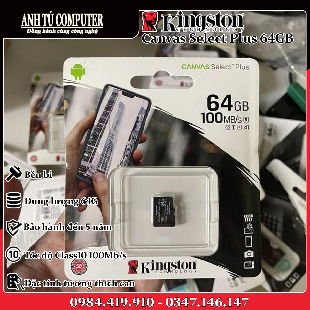 Thẻ Nhớ Kingston 64GB Micro SD Class 10 SDCS2/64GBSP hàng chính hãng