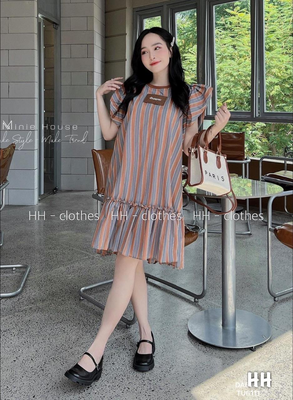 VÁY ĐI CHƠI, VÁY SUÔNG KẺ TAY BÈO DÁNG XÒE CỰC KUTE