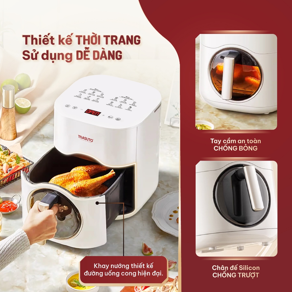 Nồi chiên không dầu Masuto MSQueen 6L màn hình cảm ứng, đốt 2 tầng đối lưu không cần trở lật - Hàng chính hãng