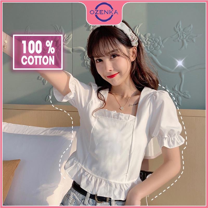 Áo croptop nữ rộng kiểu Hàn Quốc tay phồng viền bánh bèo OZENKA chất thun gân 100% cotton màu đen trắng dưới 50 kg