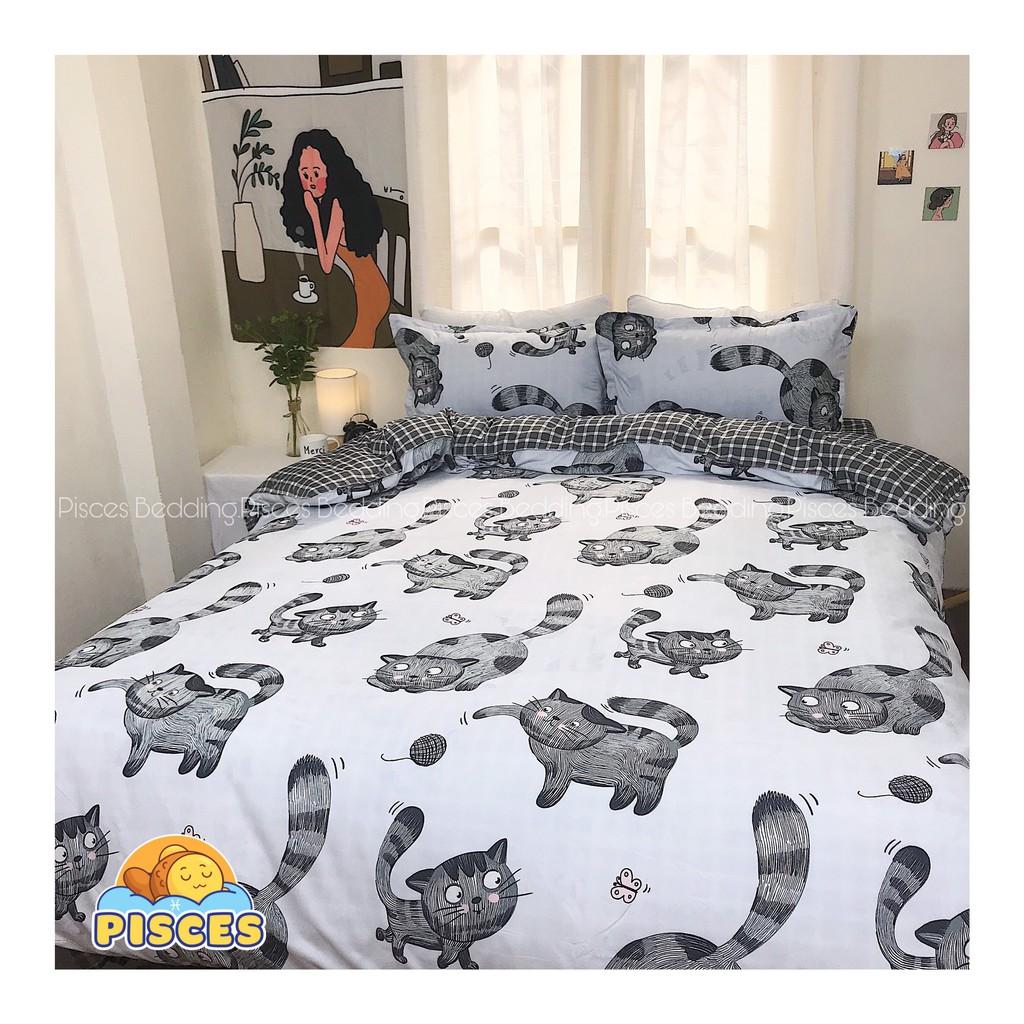 Bộ Chăn Ga Gối Cotton Poly Hình Mèo Đen Dễ Thương, Chất Vải Không Xù, Không Phai Màu