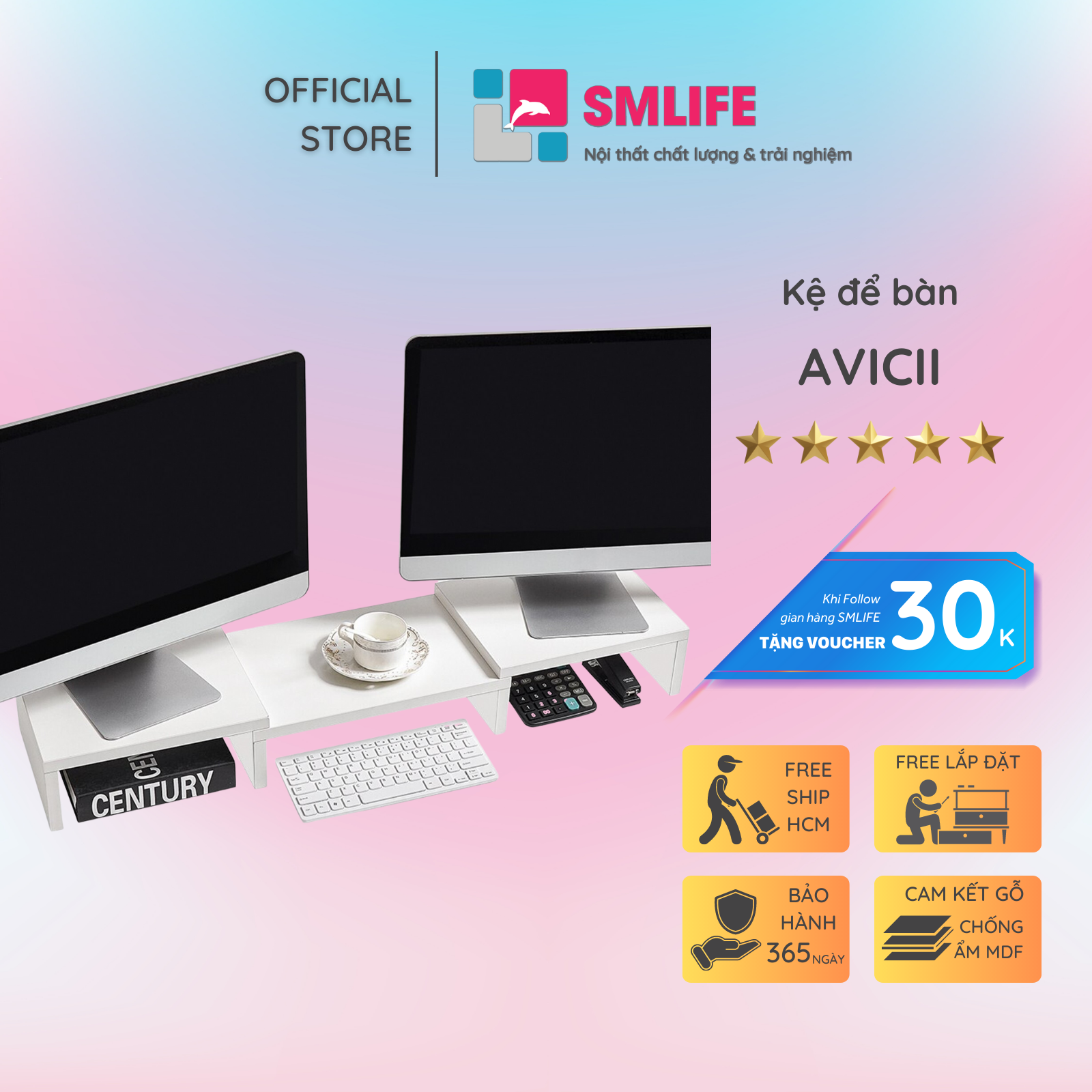 Kệ để bàn gỗ hiện đại SMLIFE Avicii  | Gỗ MDF dày 17mm chống ẩm | D90xR25xC12cm