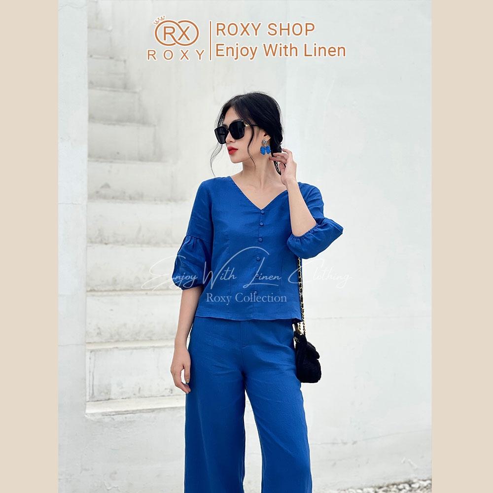 Set Bộ Linen Áo Tay Dài Cổ Tim Tay Dài Bo Chun Phối Quần Ống Suông