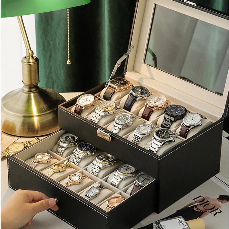 Hộp đựng đồng hồ và mắt kính trang sức 6/10/12/24 ngăn 2 tầng cao cấp