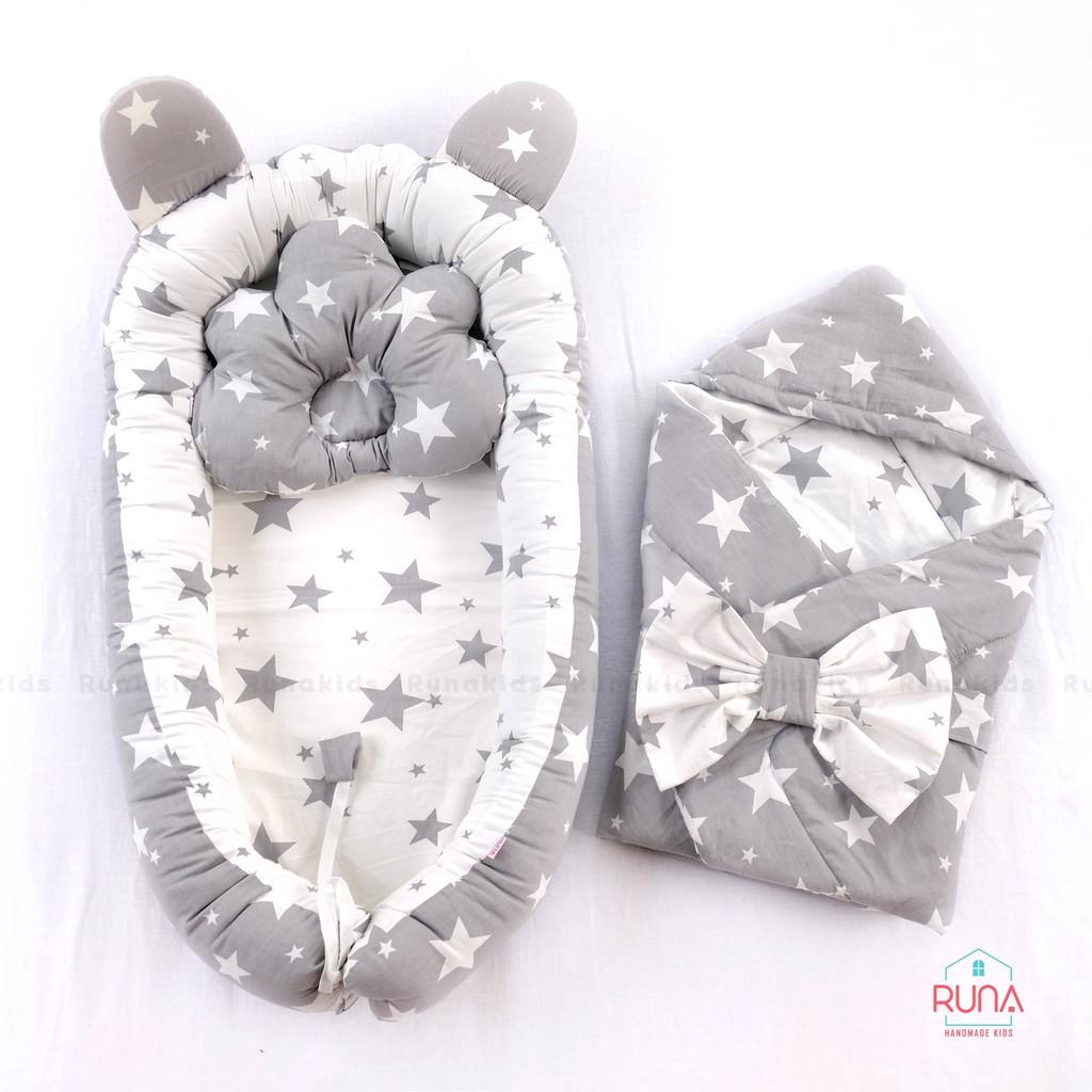 Combo nôi, gối chống bẹt đầu và chăn cho bé sơ sinh RUNA KIDS chất liệu Cotton Hàn 100%, mềm mịn, an toàn cho da bé