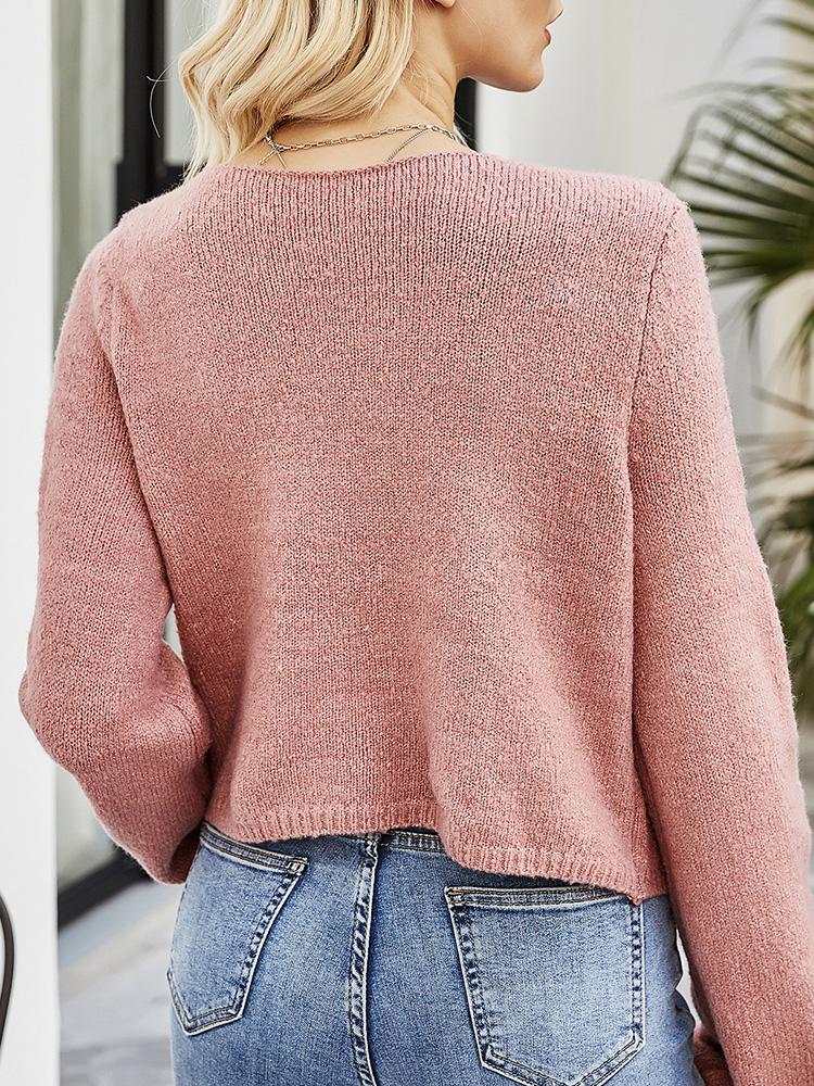 Women Knitted Sweater Cardigan Tied Hem Shawl Lantern Long Sleeve Soft Solid Crop Tops Slim Fit Coat