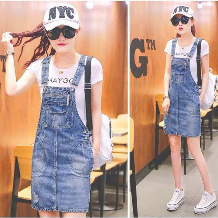Yếm Jean Nữ Wash Cào Phối Túi Đáng Yêu