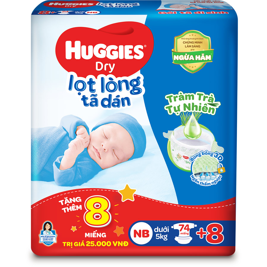 Combo 3 gói tã dán sơ sinh Huggies Tràm Trà Tự Nhiên NB74 (dưới 5kg) - Gói 74 miếng + Tặng 8 miếng