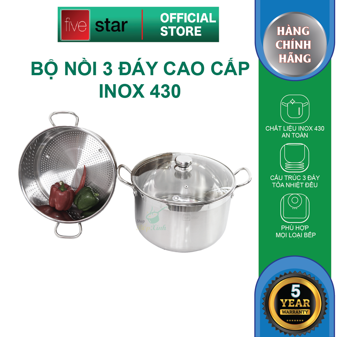 Bộ nồi xửng hấp inox cao cấp Fivestar 3 đáy từ nắp kính tặng 2 muỗng canh