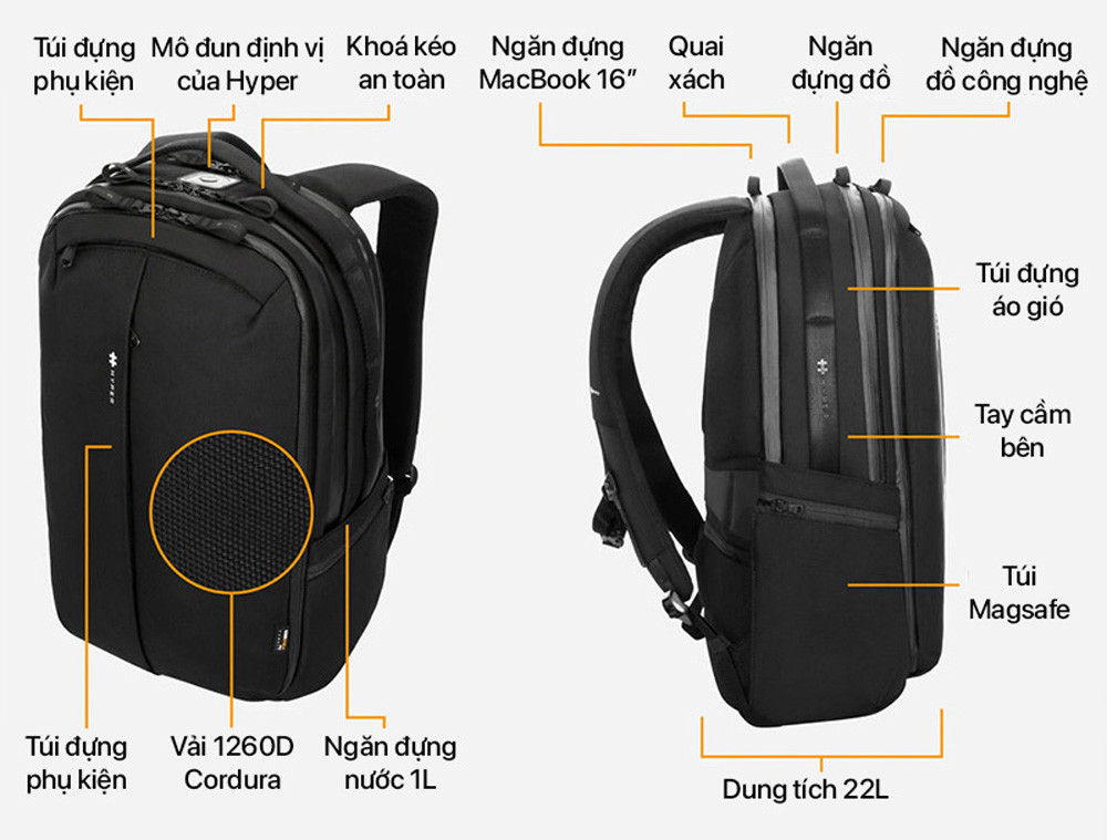 Balo Công Nghệ Hyperpack Pro With Find My Compatible Location Module – HP20P2-BK