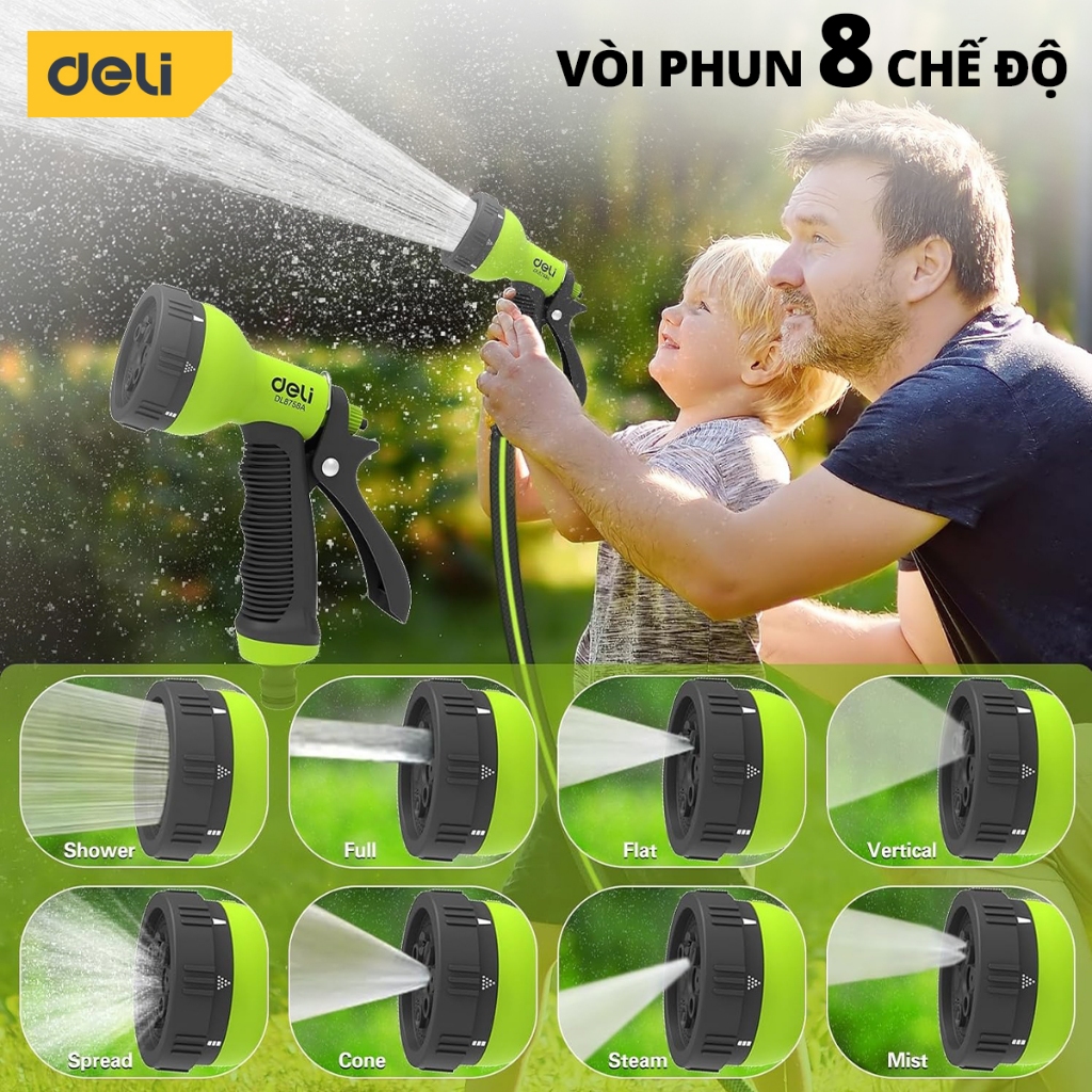 Bộ vòi nước tưới cây, rửa xe đa năng Deli dây dài 10m - Tặng kèm bộ phụ kiện đầu nối đa năng