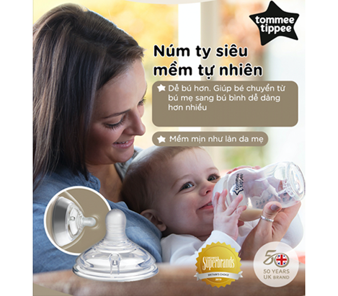 Bình sữa ty siêu mềm tự nhiên Tommee Tippee Closer to Nature 260ml, núm ty đi kèm 3-6 tháng