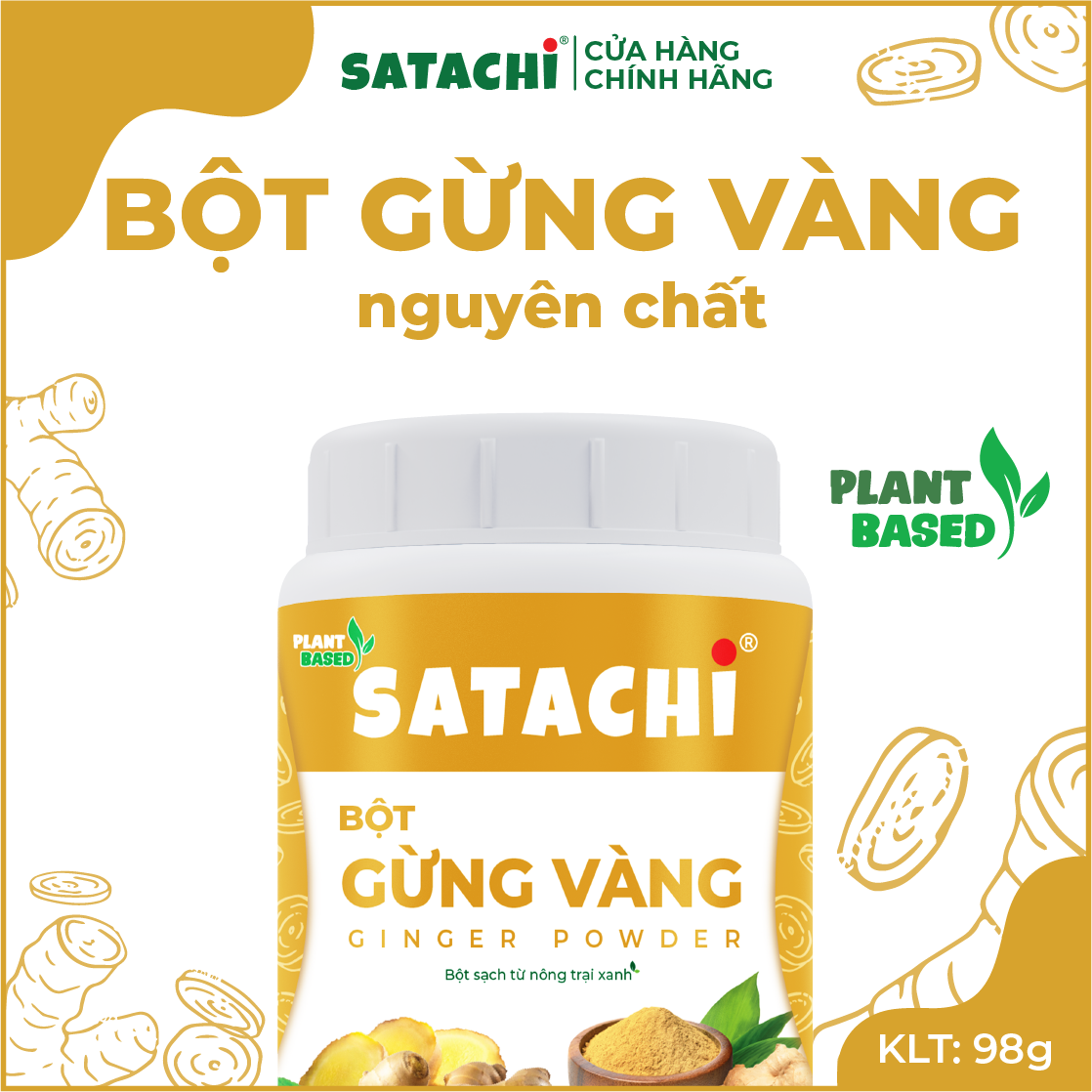 Bột Gừng Vàng SATACHI nguyên chất. Hỗ trợ điều trị khó tiêu mãn tính, giảm đau cơ bắp, giảm viêm, giảm cân. Hộp 98g