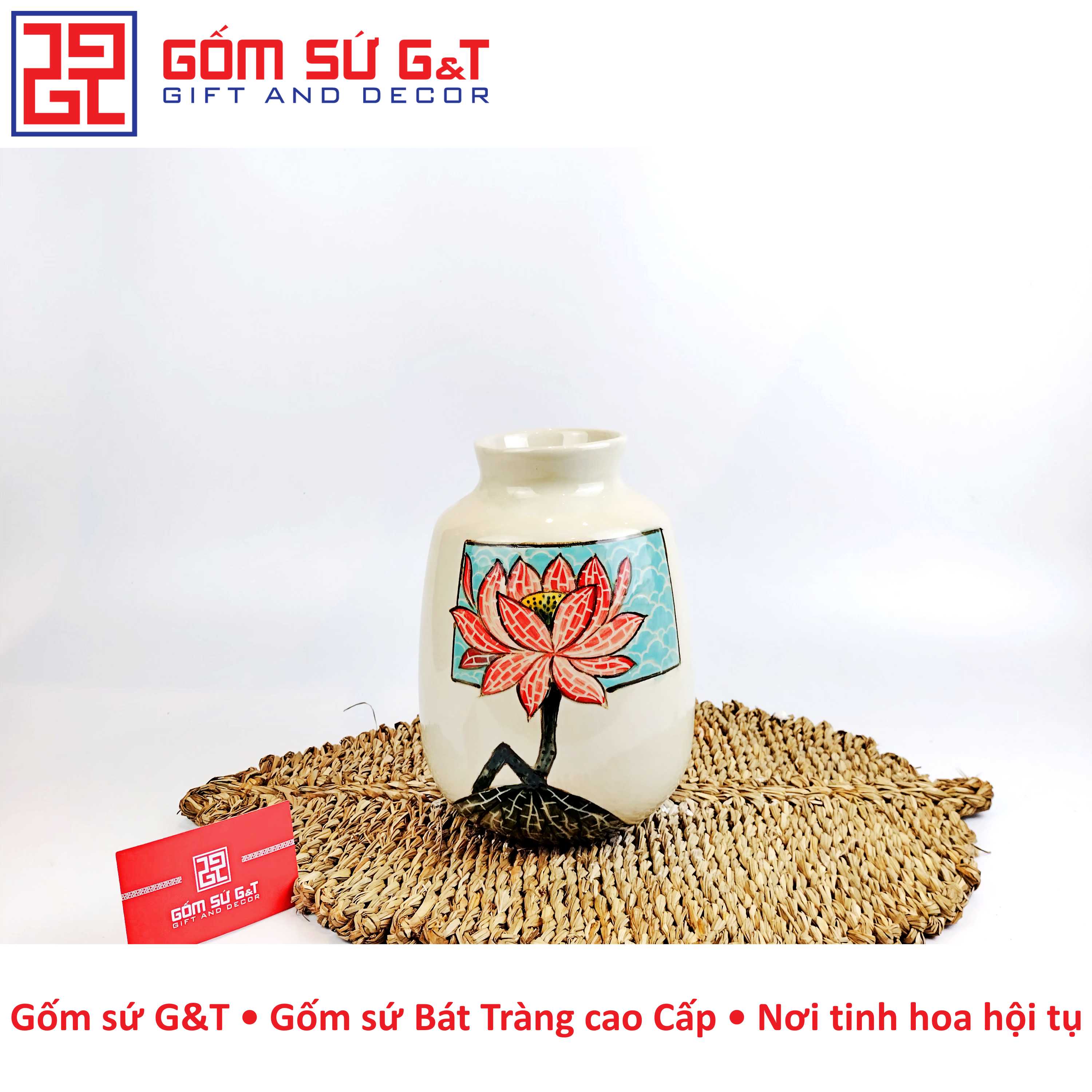 Lọ hoa vai vuông vẽ sen Gốm Sứ G&amp;T