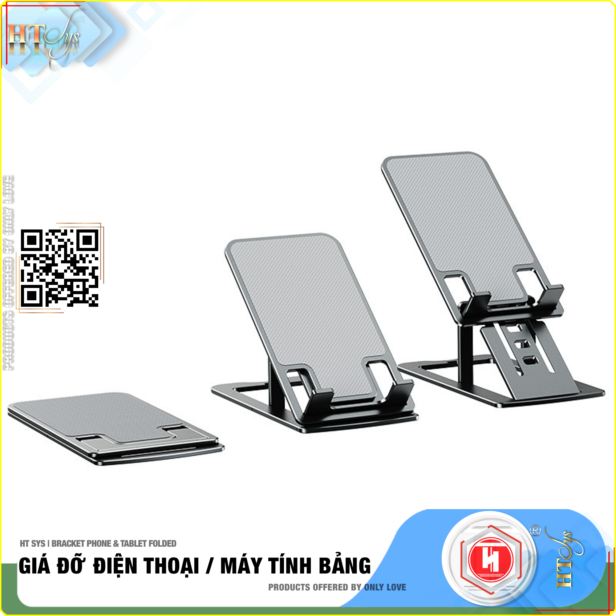 Giá đỡ điện thoại, máy tính bảng để bàn gấp gọn HT SYS BRACKET PHONE and TABLET FOLDED  - Hợp kim nhôm cao cấp - Có thể điều chỉnh 7 góc độ, phù hợp với tất cả các dòng điện thoại và máy tính bảng - Hàng Nhập Khẩu