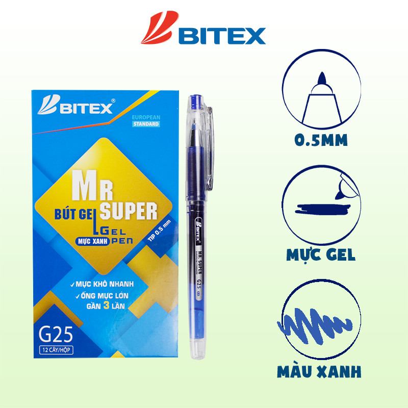 Combo 2 Bút gel Bitex Mr Supper mực xanh G25 0.5mm