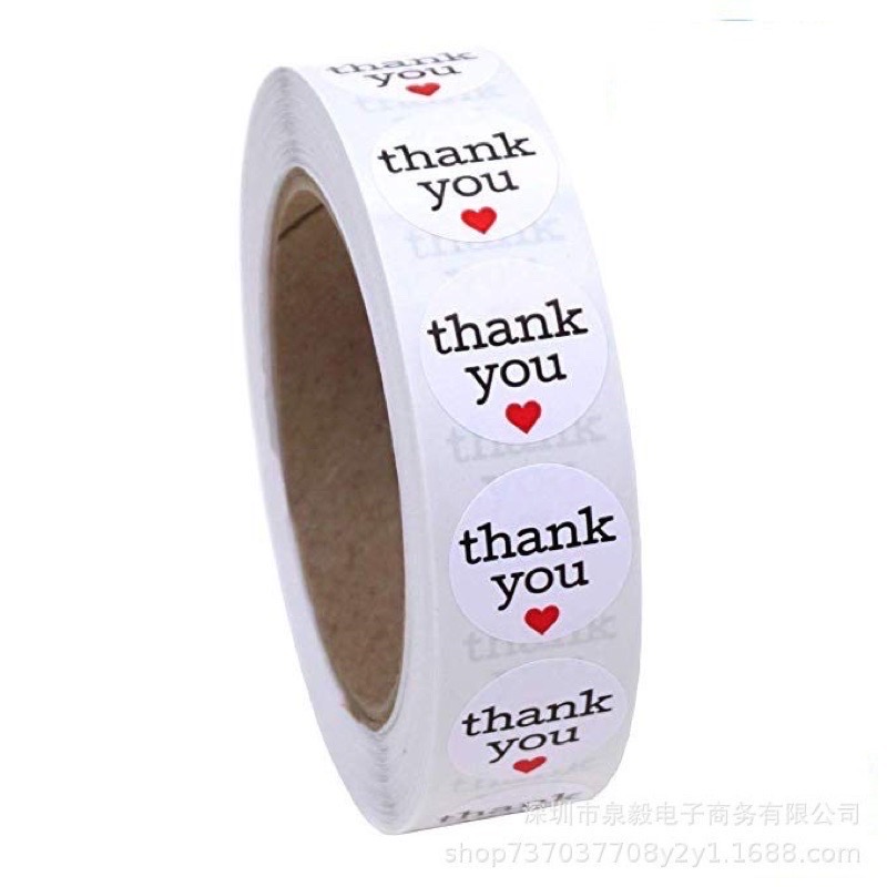 Cuộn 500 nhãn sticker thank you tim đỏ  size 2.5cm sẳn keo dính trang trí gói hàng