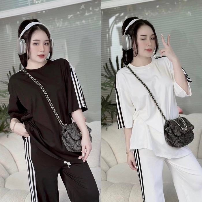 ĐỒ BỘ SET QUẦN THUN THỂ THAO DÀI ỐNG RỘNG LƯNG CAO ĐEN TRẮNG + ÁO SUÔNG TAY NGẮN ĐI BIỂN DẠO PHỐ ĐI CHƠI ĐI TIỆC