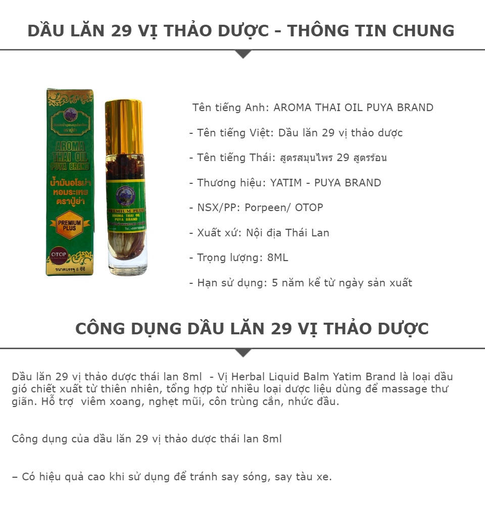 Dầu lăn thảo dược 29 vị Aroma Thai Oil Puya Brand Thái Lan( Chai 8 ml)