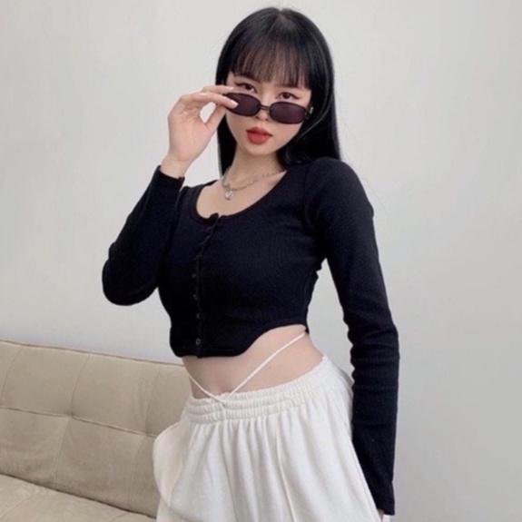 Áo croptop tay dài nút bấm khoét eo, áo crt ôm body khoe eo co giãn tốt