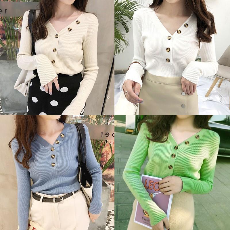 Áo dệt kim nữ tay dài cổ chữ V dáng ôm