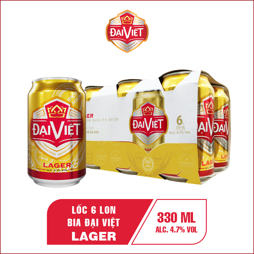 [Combo (06) lon 330ml] Bia Lager Đại Việt, Bia vàng sản xuất theo công nghệ Bia Đức, không hóa chất, đậm vị bia việt.