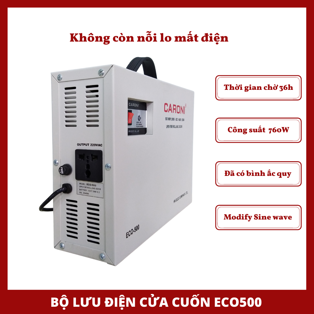 Bộ lưu điện cửa cuốn Caroni ECO500, Dùng cho motor 300kg-500kg, mới 100%, Bảo hành 12 tháng