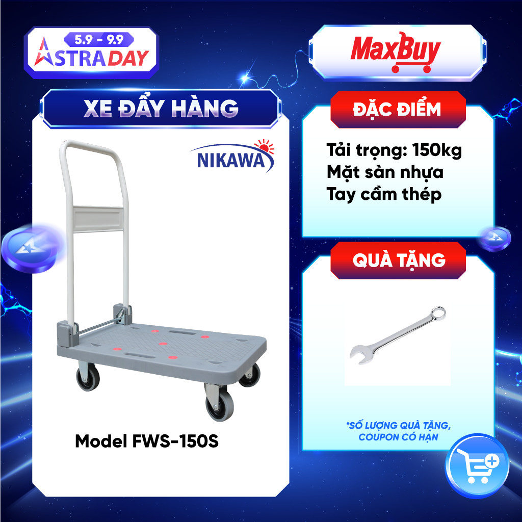 Xe đẩy hàng, xe kéo hàng Nikawa FWS-150S, 4 bánh, tải trọng 150 kg, nhập khẩu chính hãng, thương hiệu Nhật