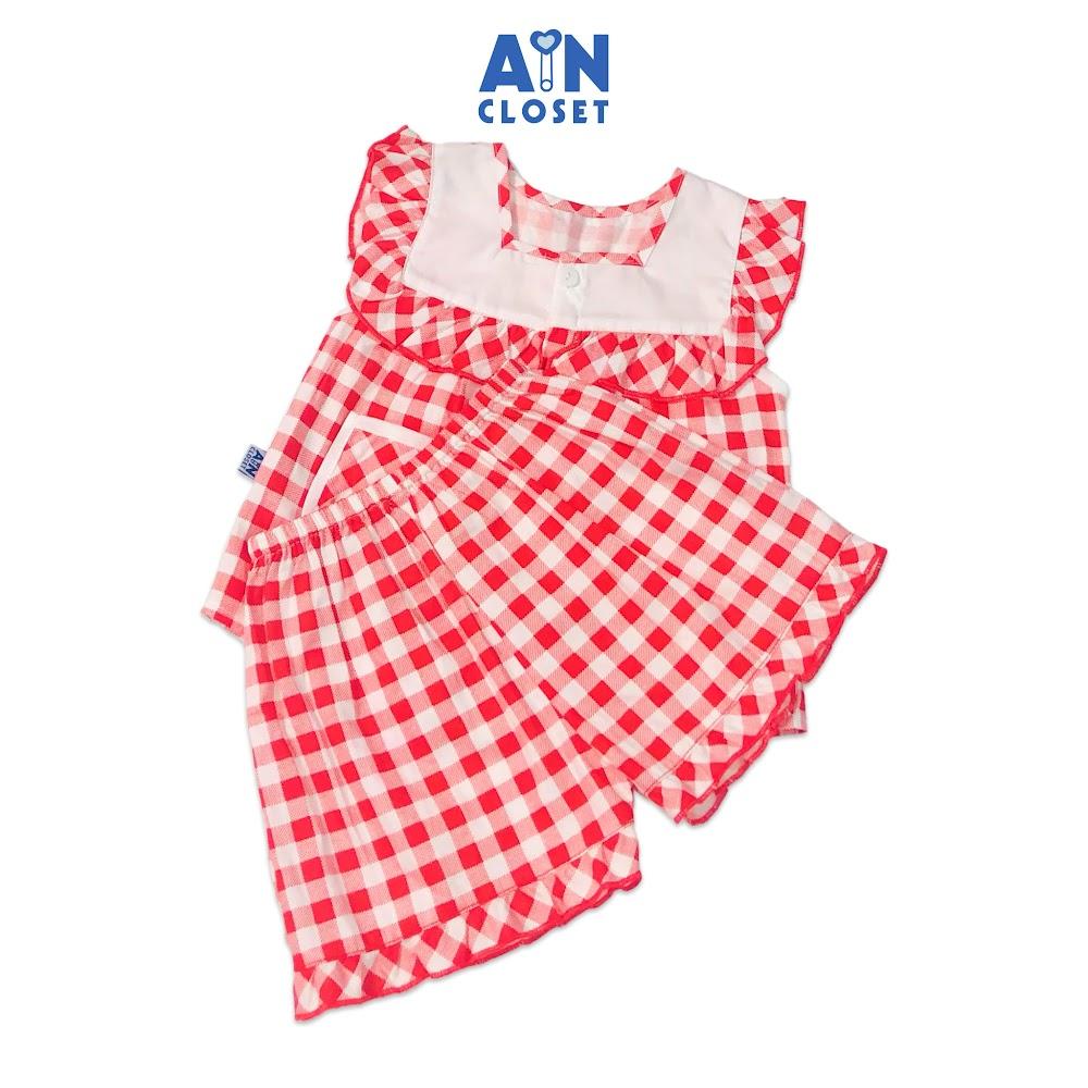 Bộ quần áo ngắn bé gái họa tiết Caro đỏ cổ trắng cotton - AICDBG6T53EX - AIN Closet