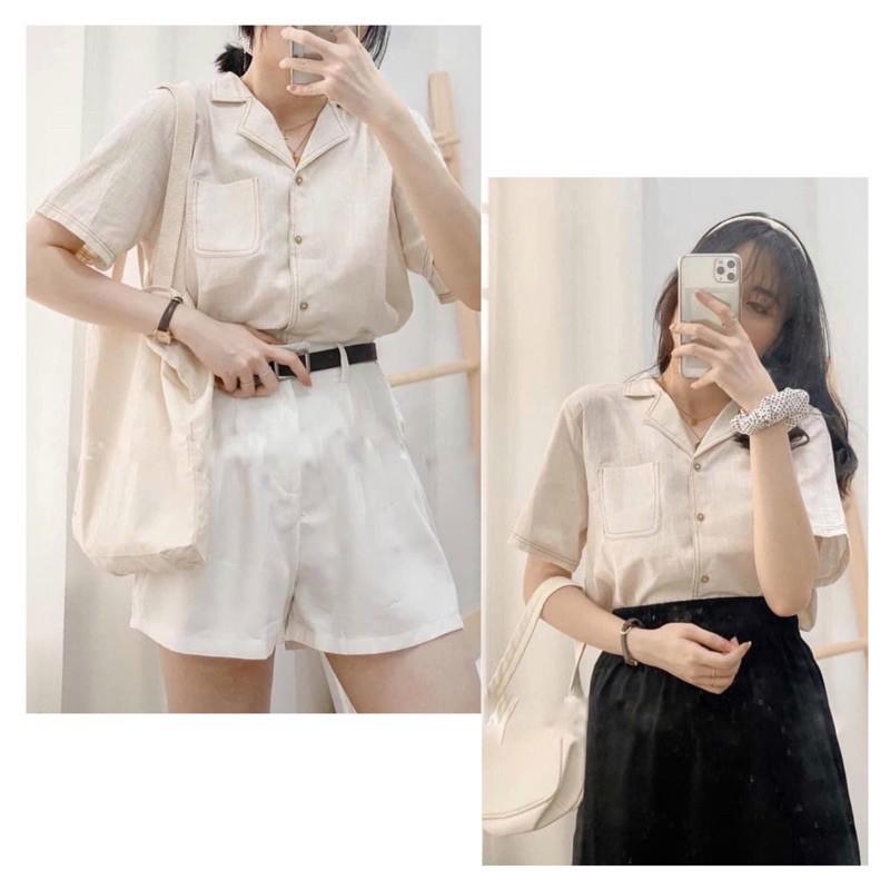 Áo sơ mi kiểu nữ cộc tay cổ vest viền chỉ freesize, Áo sơ mi nữ ngắn tay thô đũi - myl.fashion