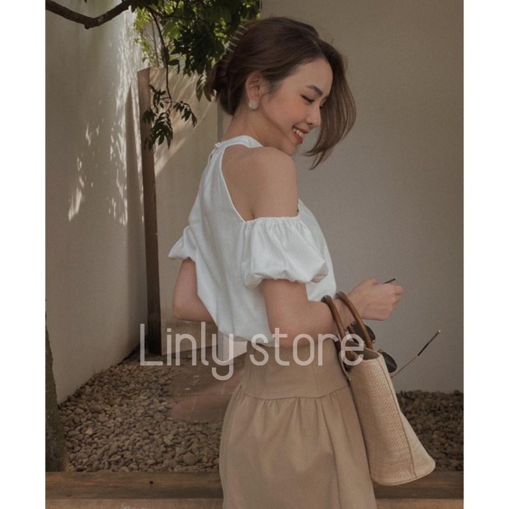 Áo trễ vai croptop tay bồng - Áo kiểu nữ chất Linen, thiết kế cổ yếm 2021