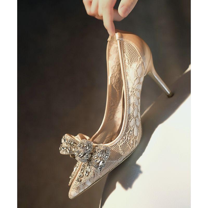 Giày cao gót phối ren lưới đính đá thời trang dành cho cô dâu - Net apricot upgrade -1