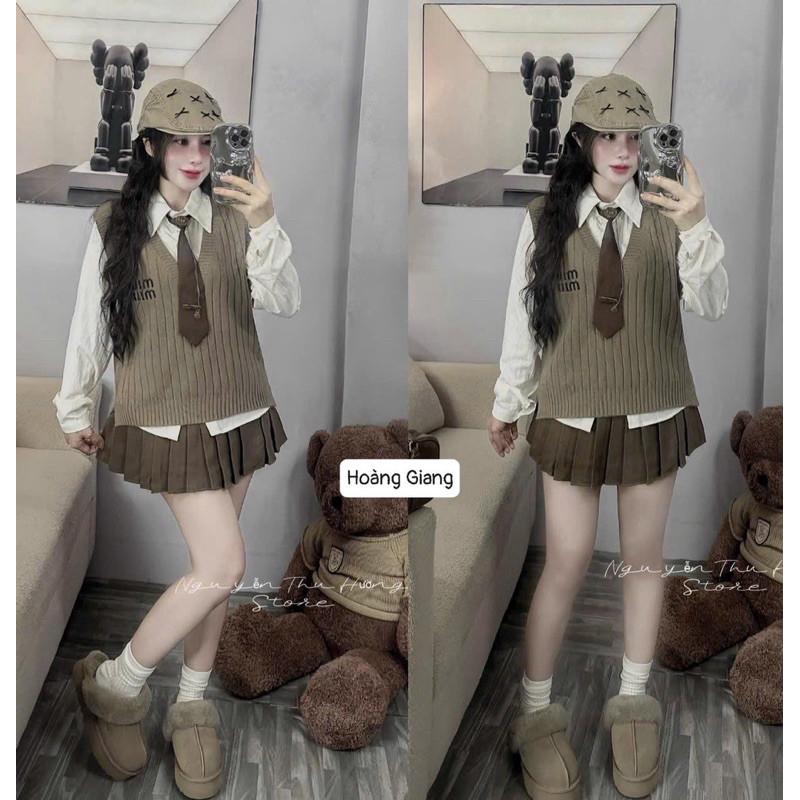 sét len 4 món sơ mi+ gile+ chân váy+ cavat miumiu sang chảnh  QCCC LINN BY JOLIE - Màu kaki, Màu kaki