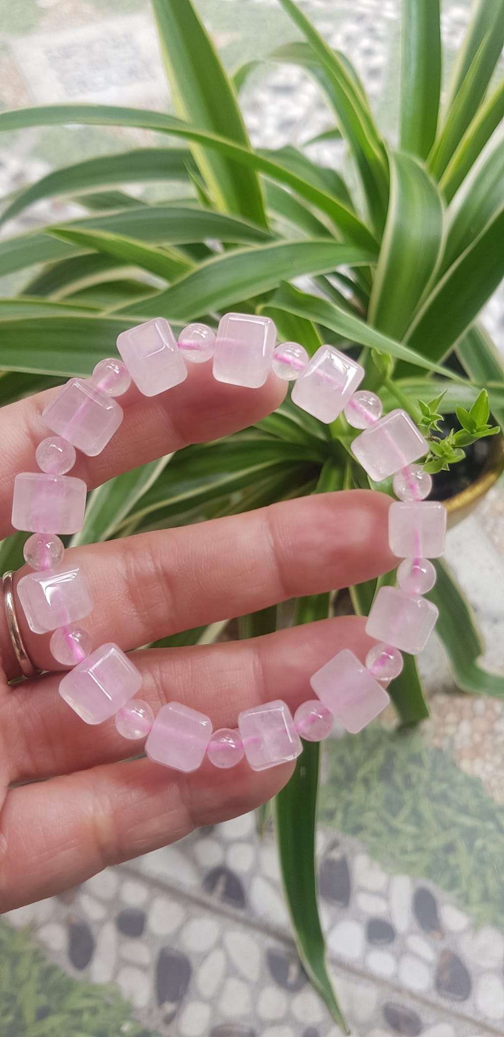 Vòng tay nữ kiểu đá thạch anh hồng tự nhiên hạt vuông tròn đan xen rất là đẹp Size hạt vuông 9mm phối bi nhỏ 6mm màu hồng tươi nhẹ nhàng nữ mệnh hỏa mệnh thổ đeo có 499k ạ