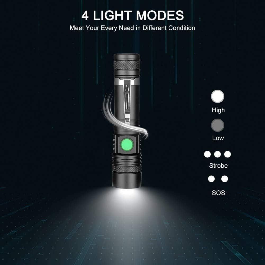 Đèn pin LED có thể sạc lại USB, Đèn pin Coquimbo 600 Lumens, Chống nước theo tiêu chuẩn IP65, 4 chế độ ánh sáng, Đèn pin có thể phóng to cho hộ gia đình, Cắm trại, Đi bộ đường dài, Khẩn cấp