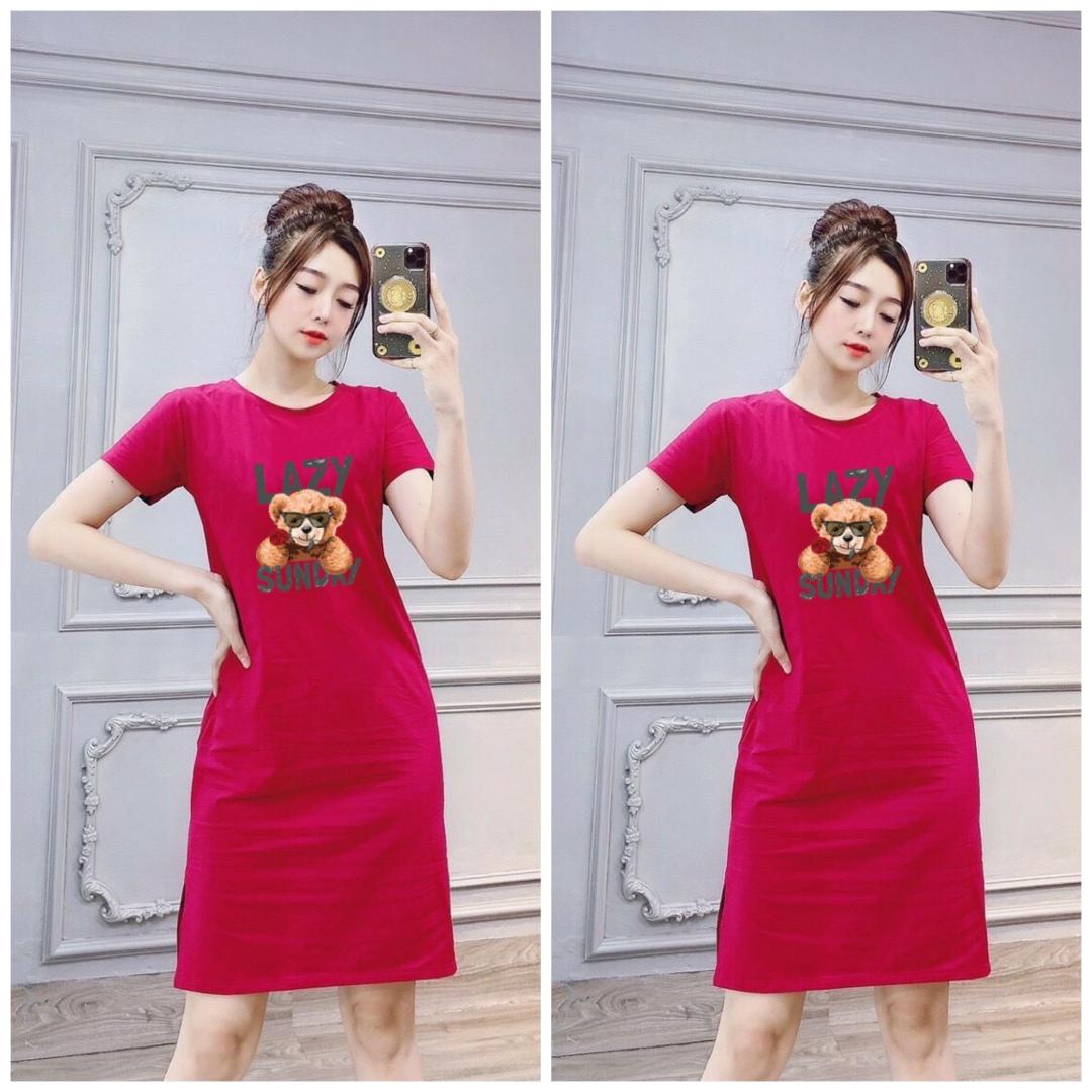 Đầm thun nữ suông xẻ tà in hình Gấu Lazy Sunday thun cotton 4 chiều từ 40-55kg