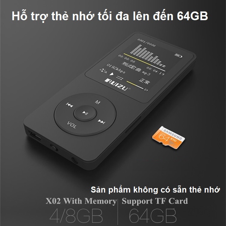 Máy nghe nhạc mp3 Ruizu X02 bộ nhớ trong 8G - Hàng nhập khẩu