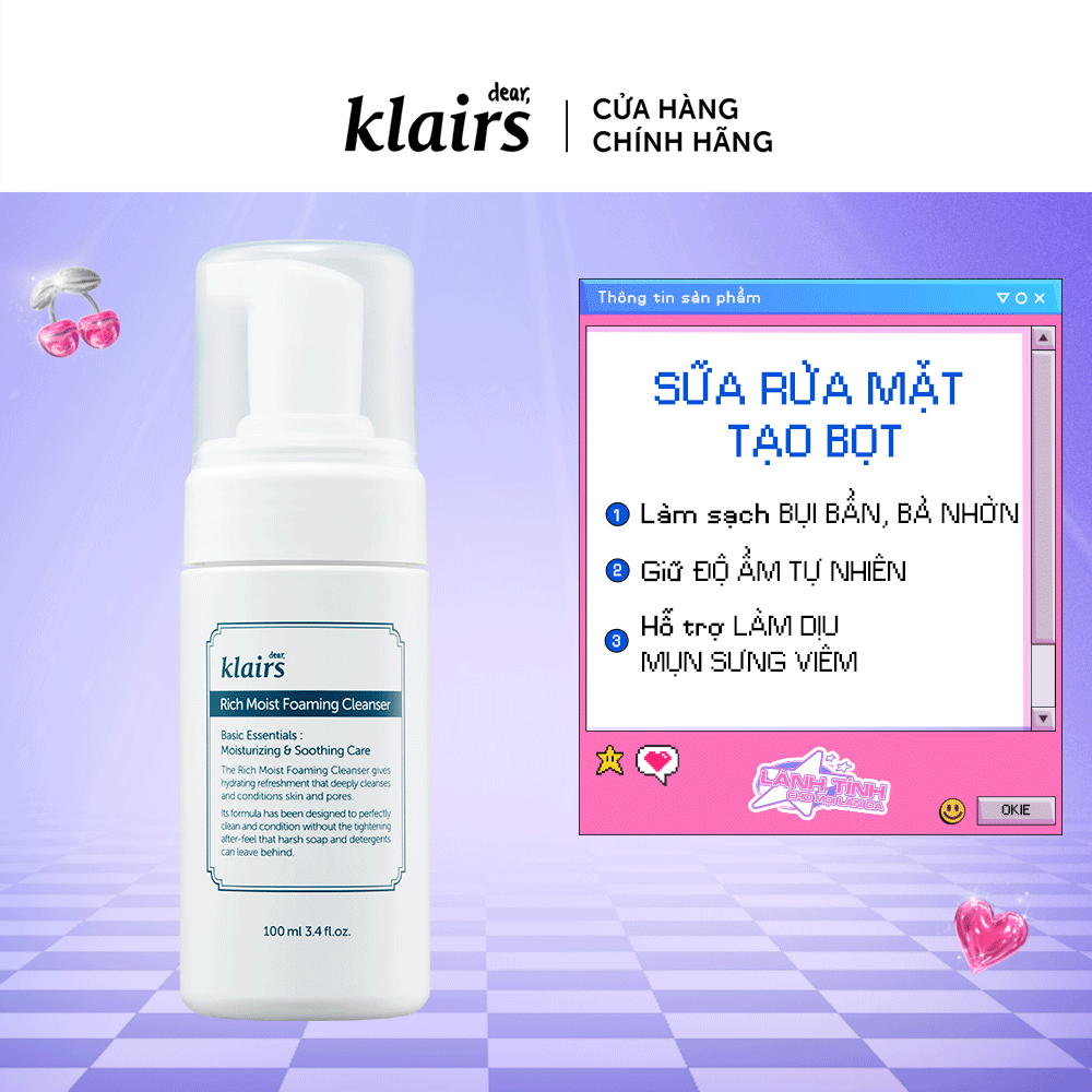 Combo Dear, Klairs Rich Moist Soothing Serum 80ml + Rich Moist Soothing Cream 80g+1 Rich Moist Foaming Cleanser 100ml