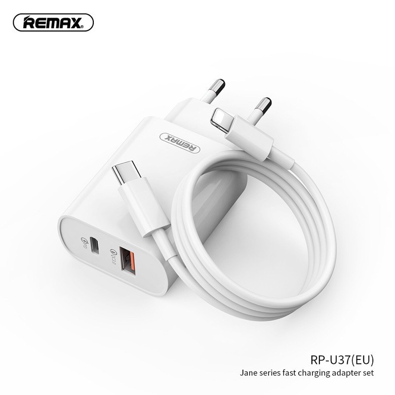 Bộ Cốc Sạc nhanh Remax RP-U37 tích hợp 2 cổng USB QC 3.0 và PD 18W (Sạc nhanh cho iPhone) kèm Cáp Type C to Light-ning - HÀNG CHÍNH HÃNG