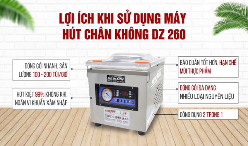 Máy Hút Chân Không, Đóng Gói Thực Phẩm Công Nghiệp 1 Buồng DZ260 NEWSUN - Sản Lượng 100-200 Túi/ Giờ - Hàng Chính Hãng