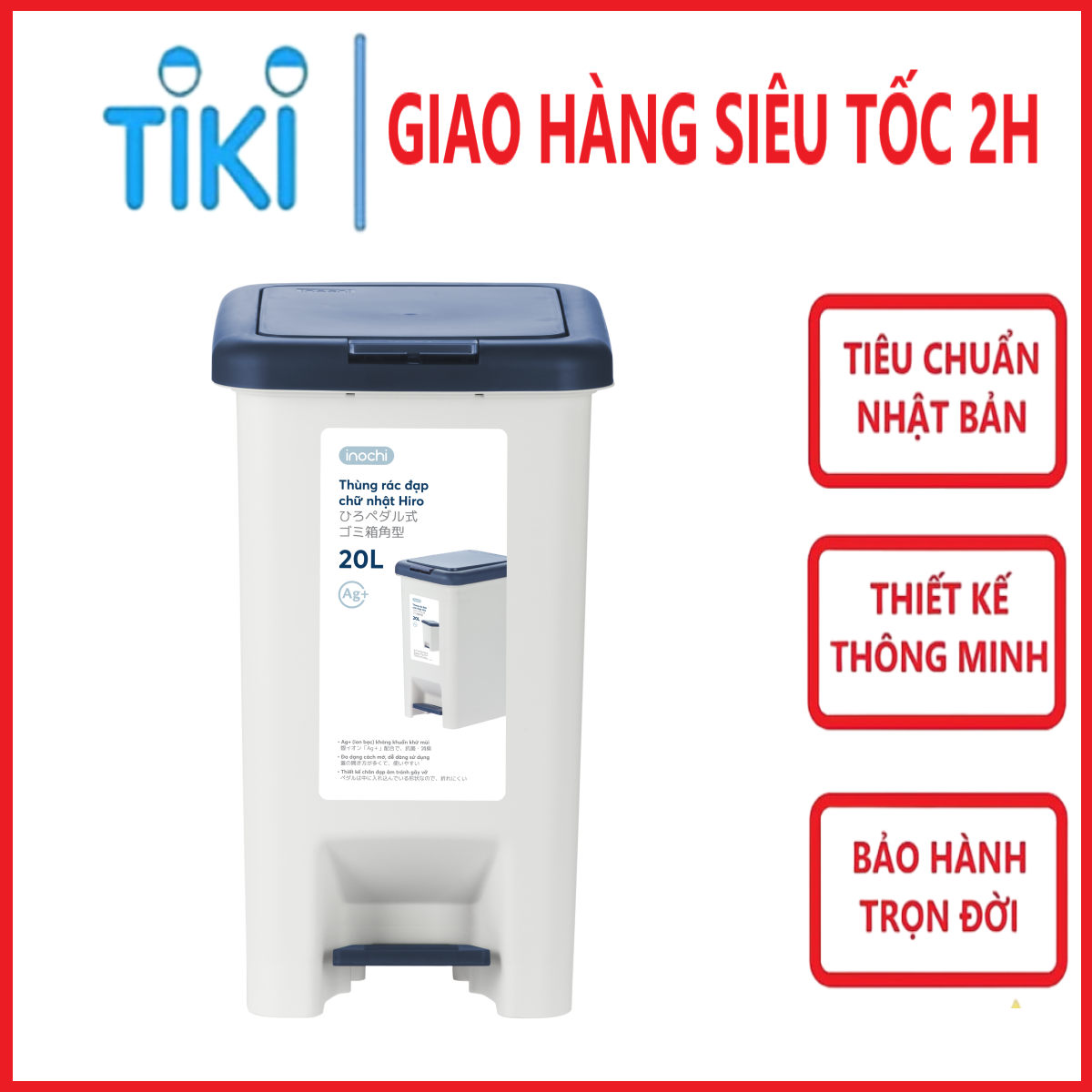 Thùng Rác Nhựa Cao Cấp Đạp Chân Nắp Đậy Chữ Nhật Inochi 20 Lít - (252 x 339 x 434 mm)