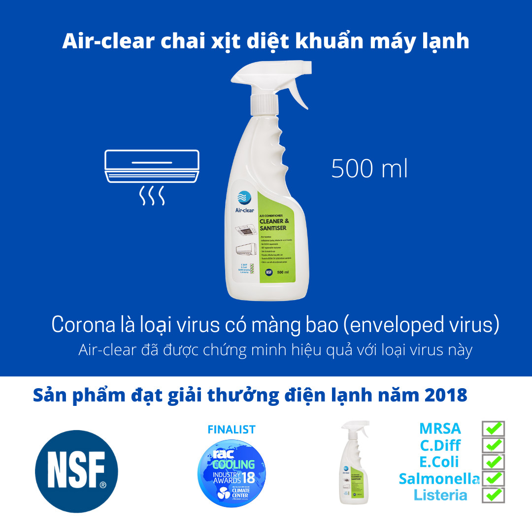 Chai xịt diệt khuẩn, nấm mốc máy lạnh điều hoà Air-Clear, 500ml , an toàn NSF