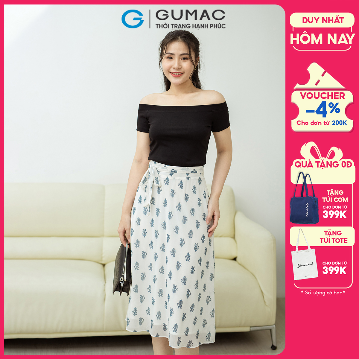 Chân váy phối thắt lưng GUMAC VD08006