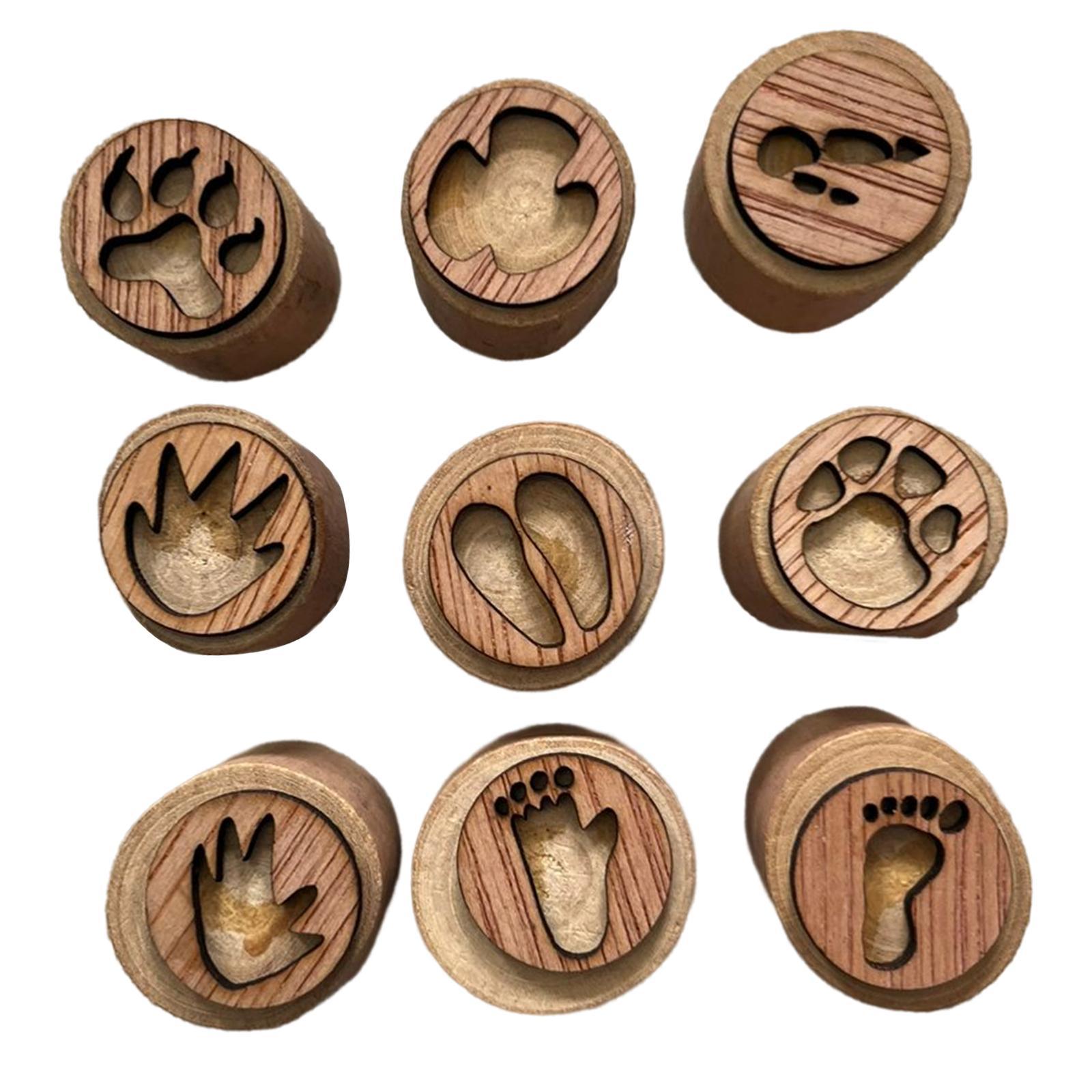 9Pcs Wooden Stamp Set Animals Foot Print Stamp Handmade Painting Animals Paw Stamp Animal Track Stamps for Clay, Planner, Teachers, Card Making