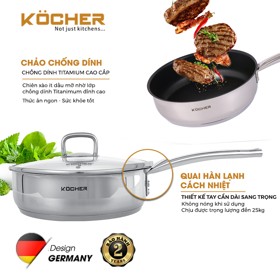 Chảo Chống Dính Bếp Từ, Chảo Đáy Từ Sâu Lòng KOCHER Có Nắp Kính Kocher Cao Cấp Size 20cm