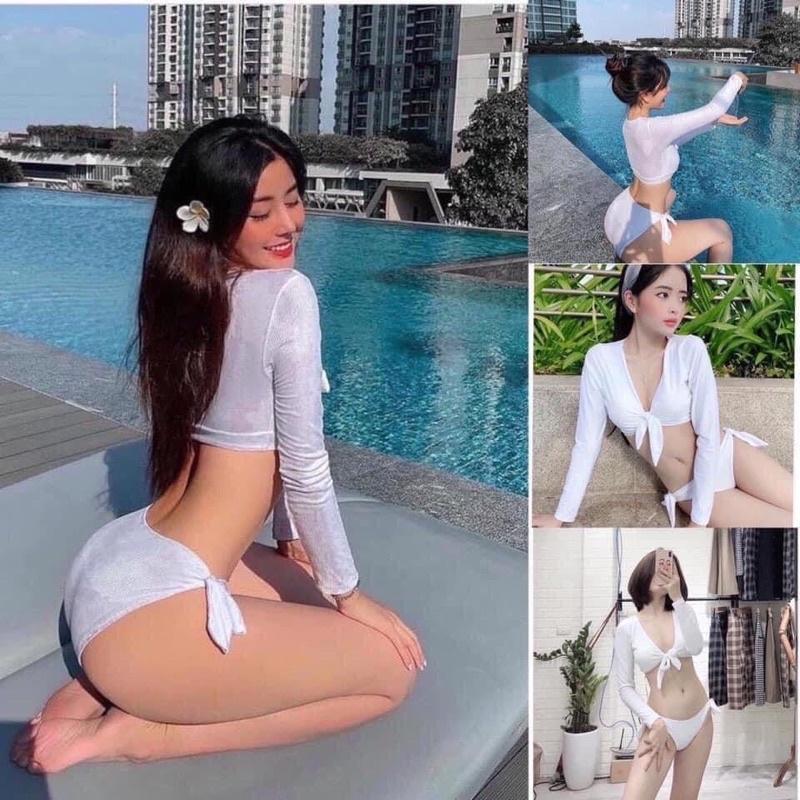 Bikini trắng tay dài thắt kiểu nơ bự