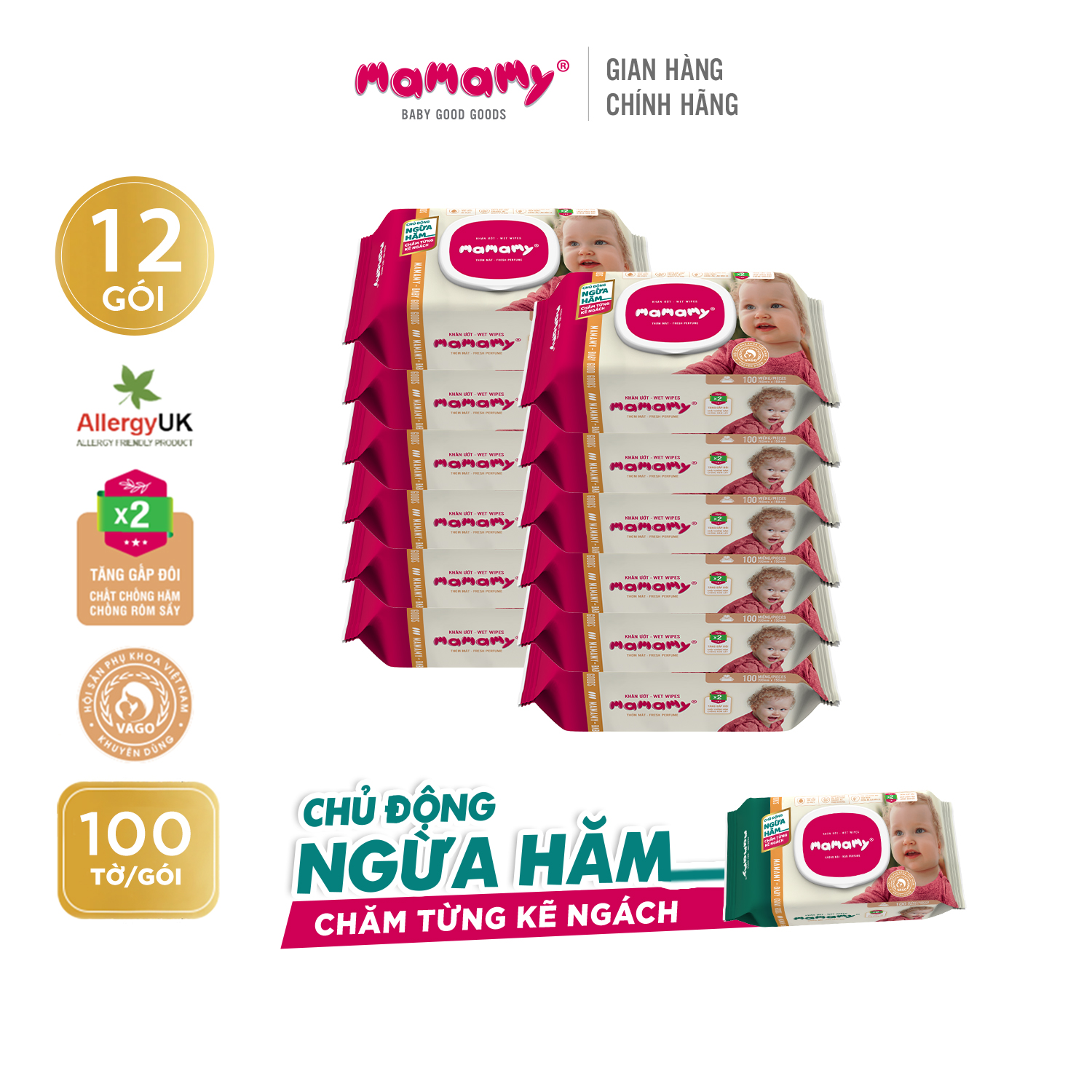 Combo 12 gói khăn ướt Mamamy 100 tờ/ gói có nắp an toàn cho bé