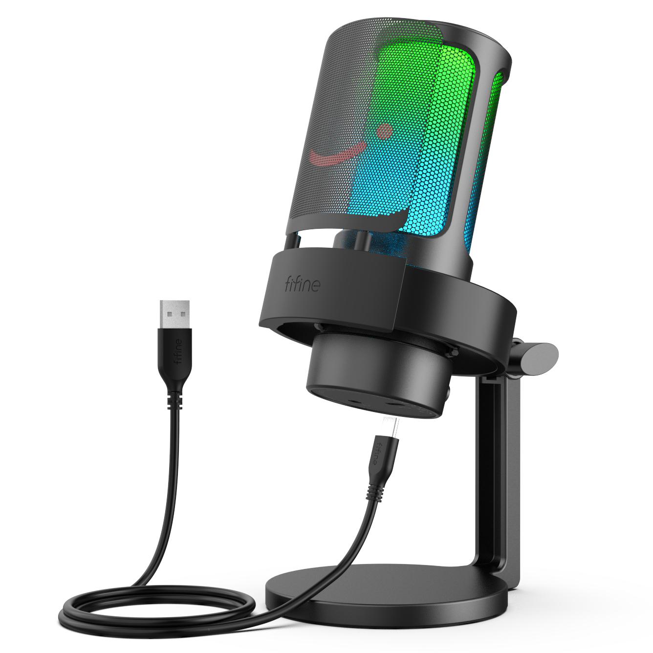 Micrô USB FIFINE để ghi và phát trực tuyến trên PC và Mac, Đầu ra tai nghe và Nút cảm ứng-Tắt tiếng, Mic với 3 chế độ RGB -A8 Màu sắc: Đen