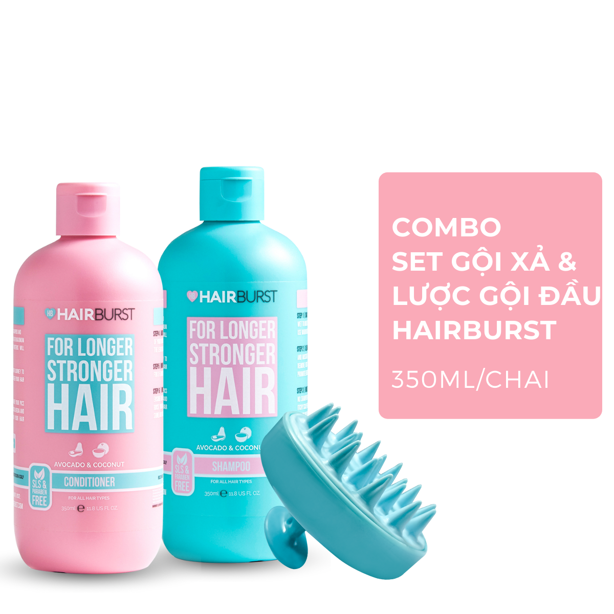 Combo chăm sóc da đầu set gội xả 350ml/chai + lược gội đầu Hairburst